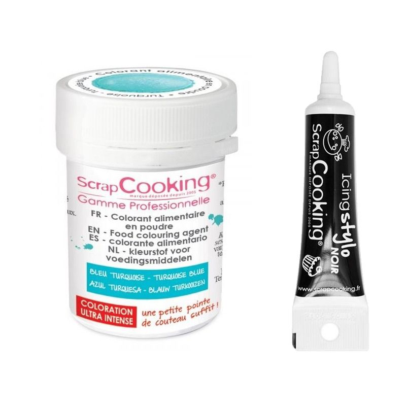 Colorant alimentaire en poudre turquoise + Stylo glaçage noir Scrapcooking - Mathon