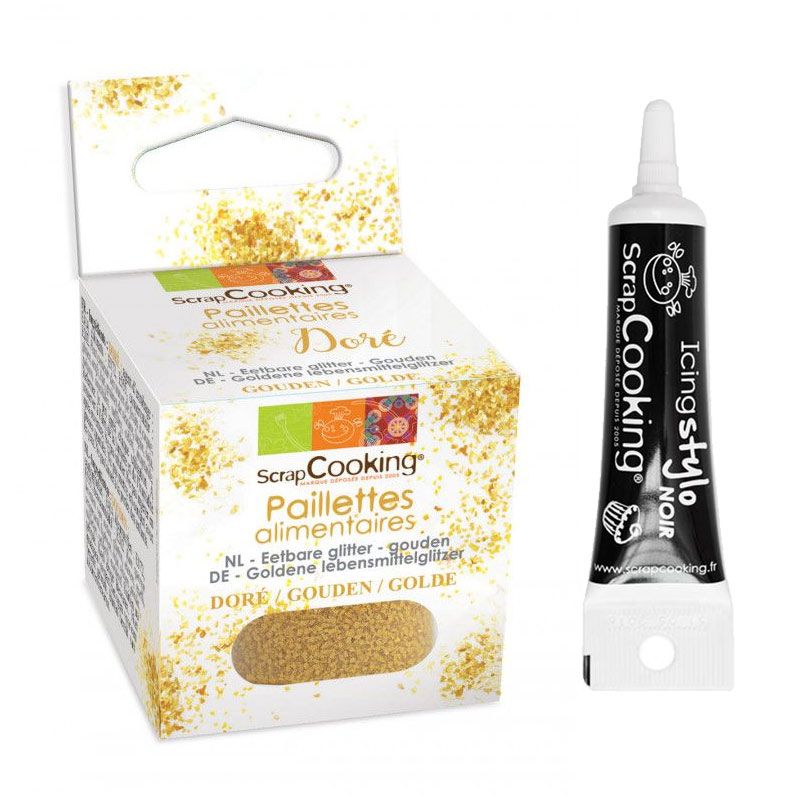 Paillettes alimentaires dorées + Stylo de glaçage noir Scrapcooking - Mathon