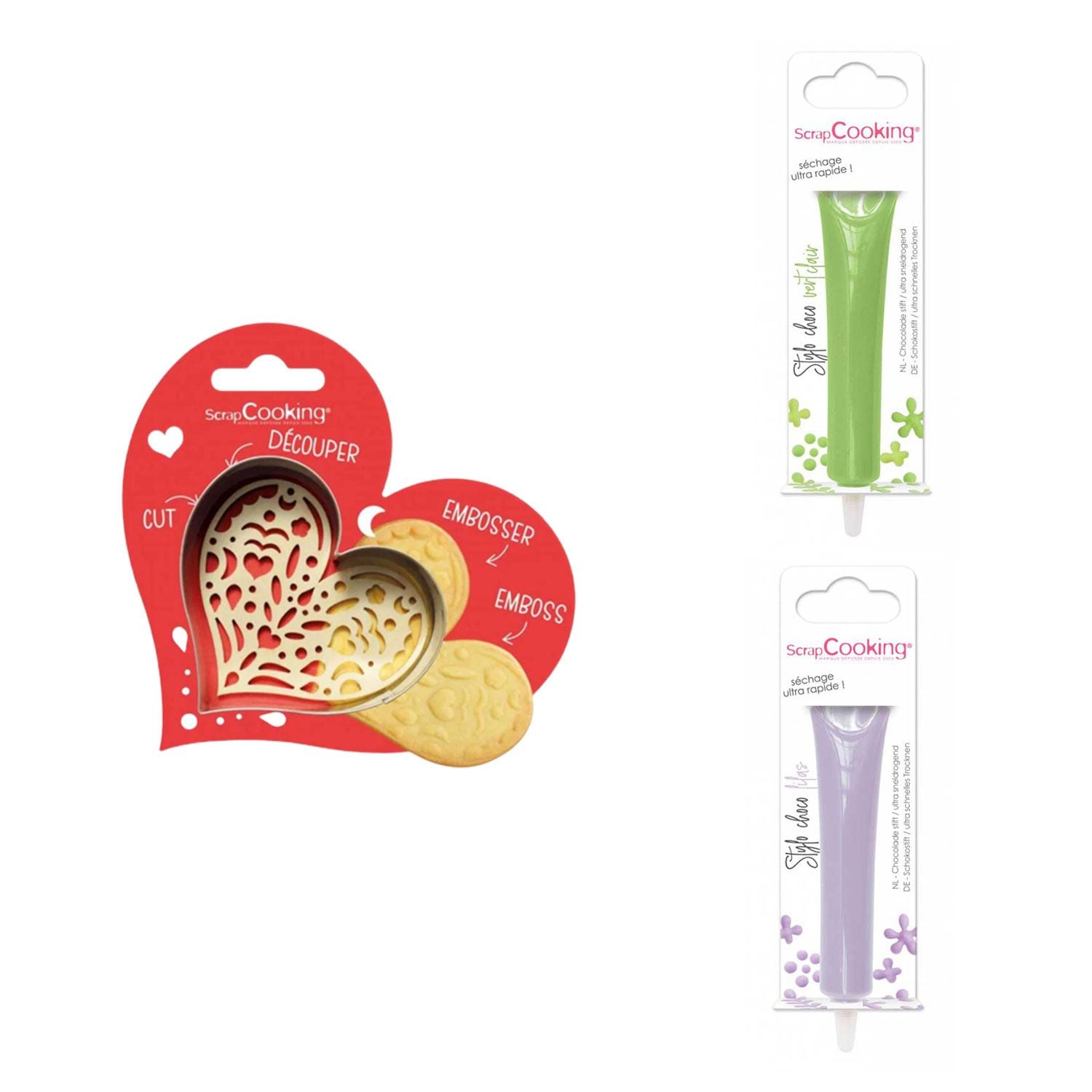 Kit pour biscuit en relief Coeur + 2 Stylos au chocolat vert clair et lilas Scrapcooking - Mathon