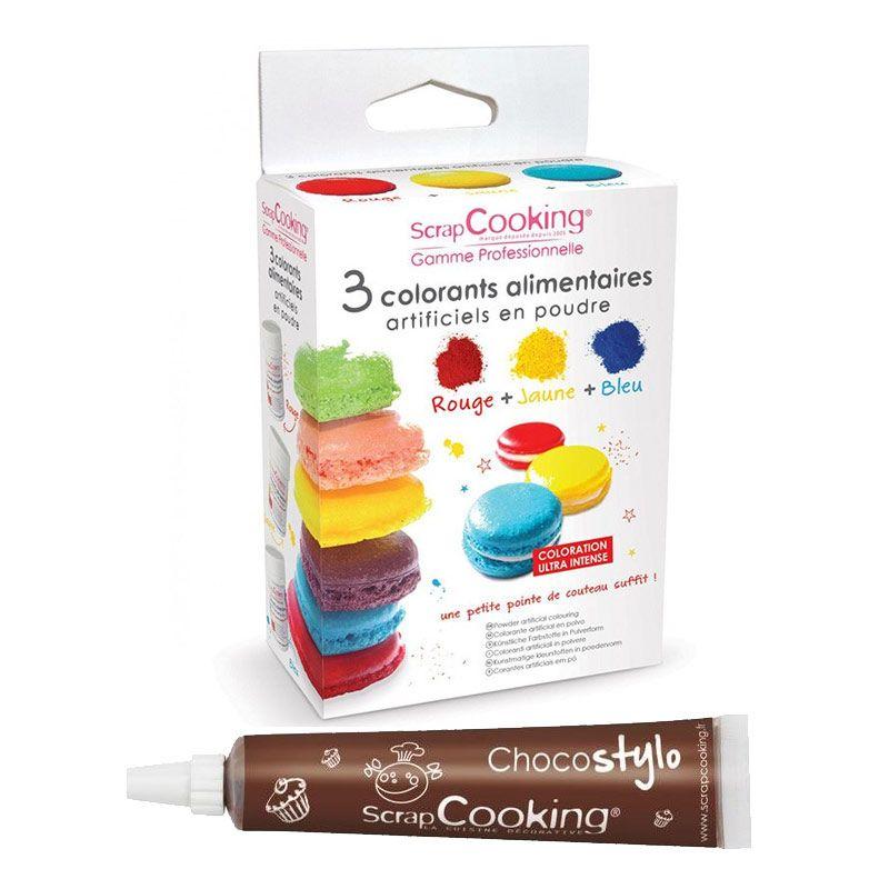 3 colorants alimentaires en poudre jaune-rouge-bleu + 1 Stylo chocolat Scrapcooking - Mathon