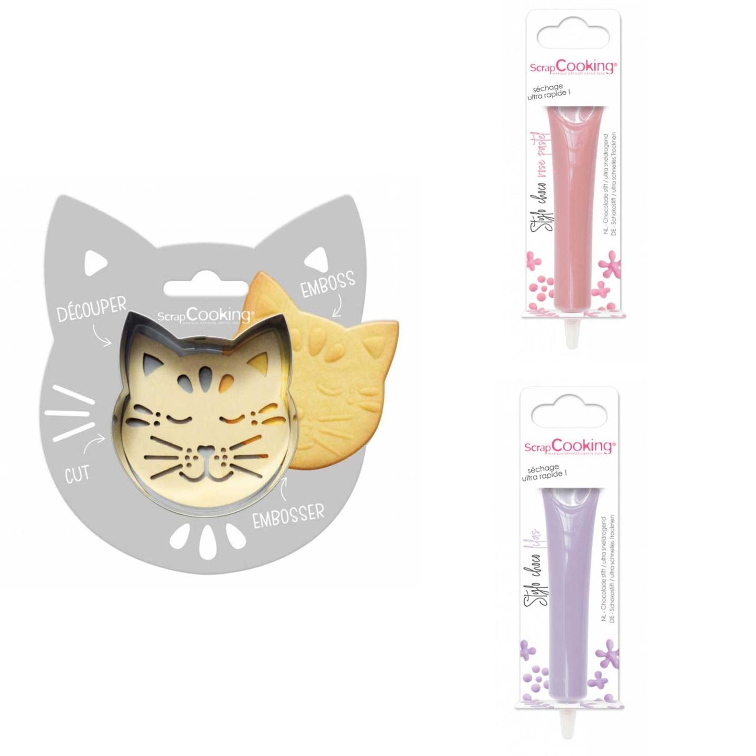 Kit pour biscuit en relief Chat + 2 Stylos au chocolat rose pastel et lilas Scrapcooking - Mathon