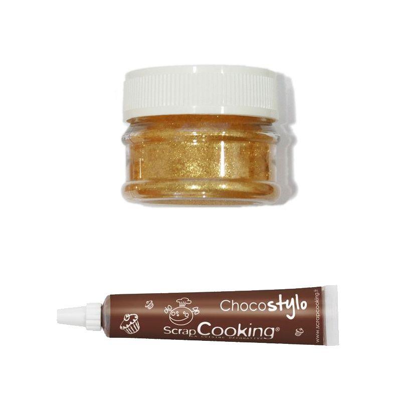 Colorant alimentaire de surface en poudre doré + Stylo chocolat Scrapcooking - Mathon