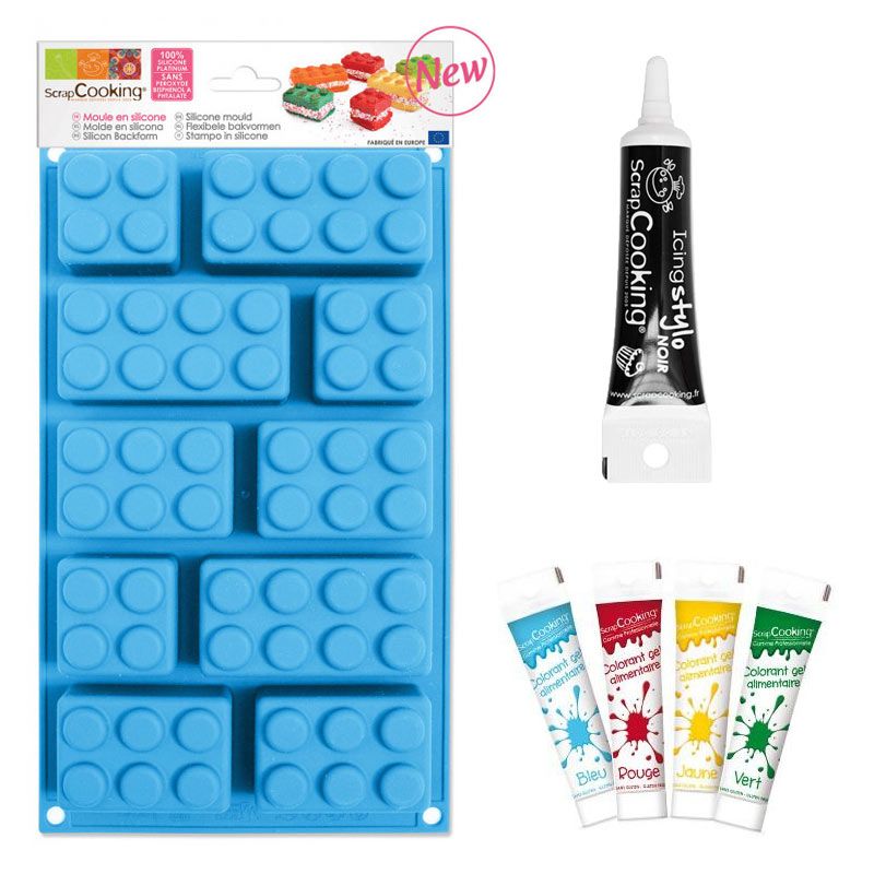 Moule silicone briques + 4 colorants alimentaires + Stylo glaçage noir Scrapcooking - Mathon