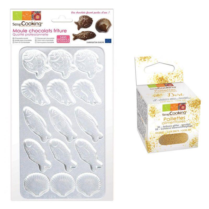 Moule rigide pour fritures en chocolat + paillettes dorées Scrapcooking - Mathon