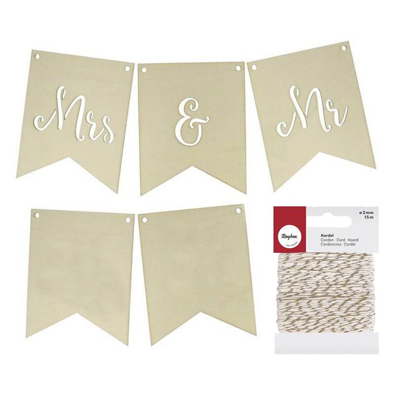Fanions en bois mariage Mrs & Mr + Ficelle dorée & blanche 15 m Youdoit - Mathon