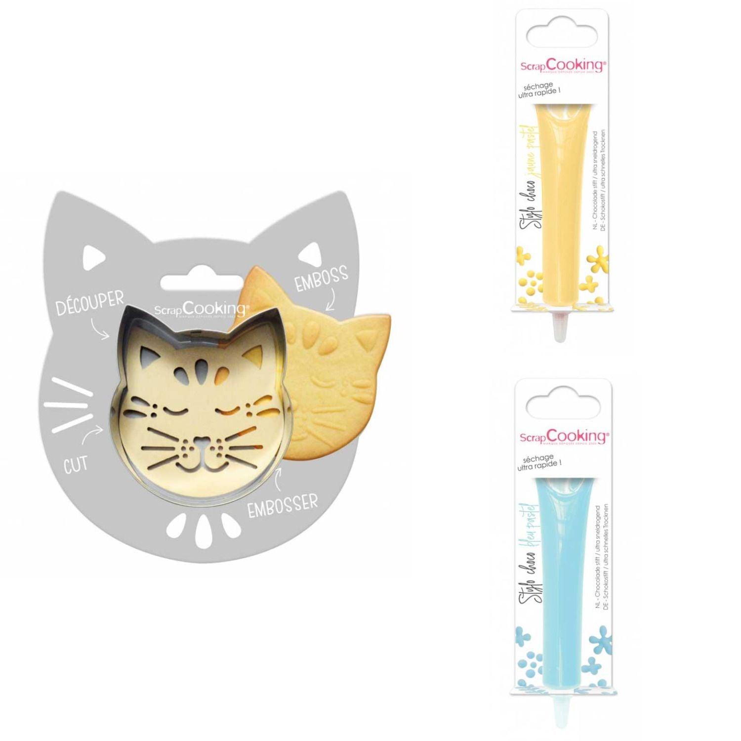 Kit pour biscuit en relief Chat + 2 Stylos au chocolat jaune pastel et bleu pastel Scrapcooking - Mathon