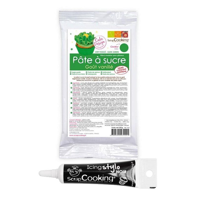 Pâte à sucre verte 250 g + Stylo de glaçage noir Scrapcooking - Mathon