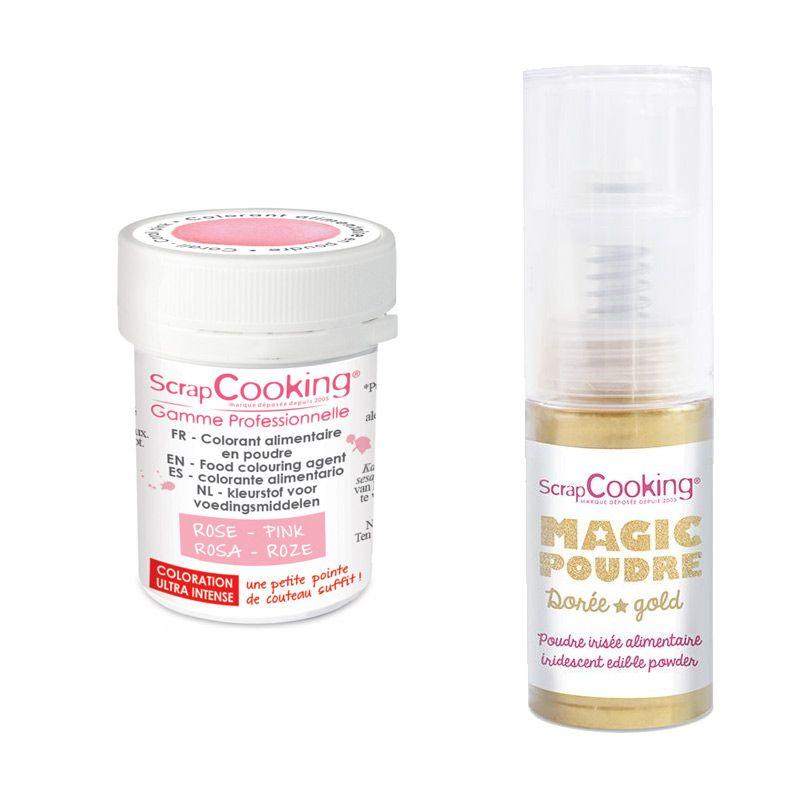 Colorant alimentaire en poudre rose poudré + Poudre irisée dorée Scrapcooking - Mathon