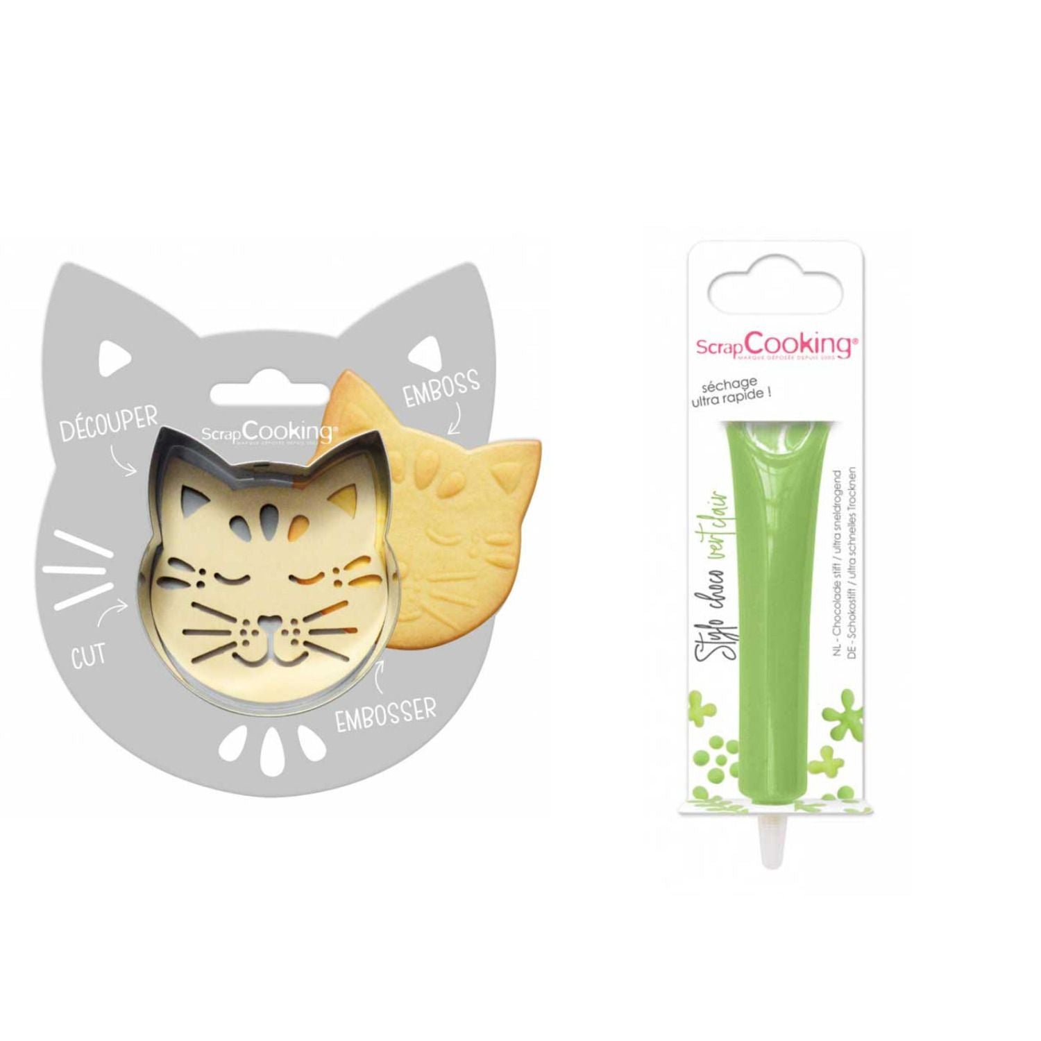 Kit pour biscuit en relief Chat + Stylo au chocolat vert clair Scrapcooking - Mathon