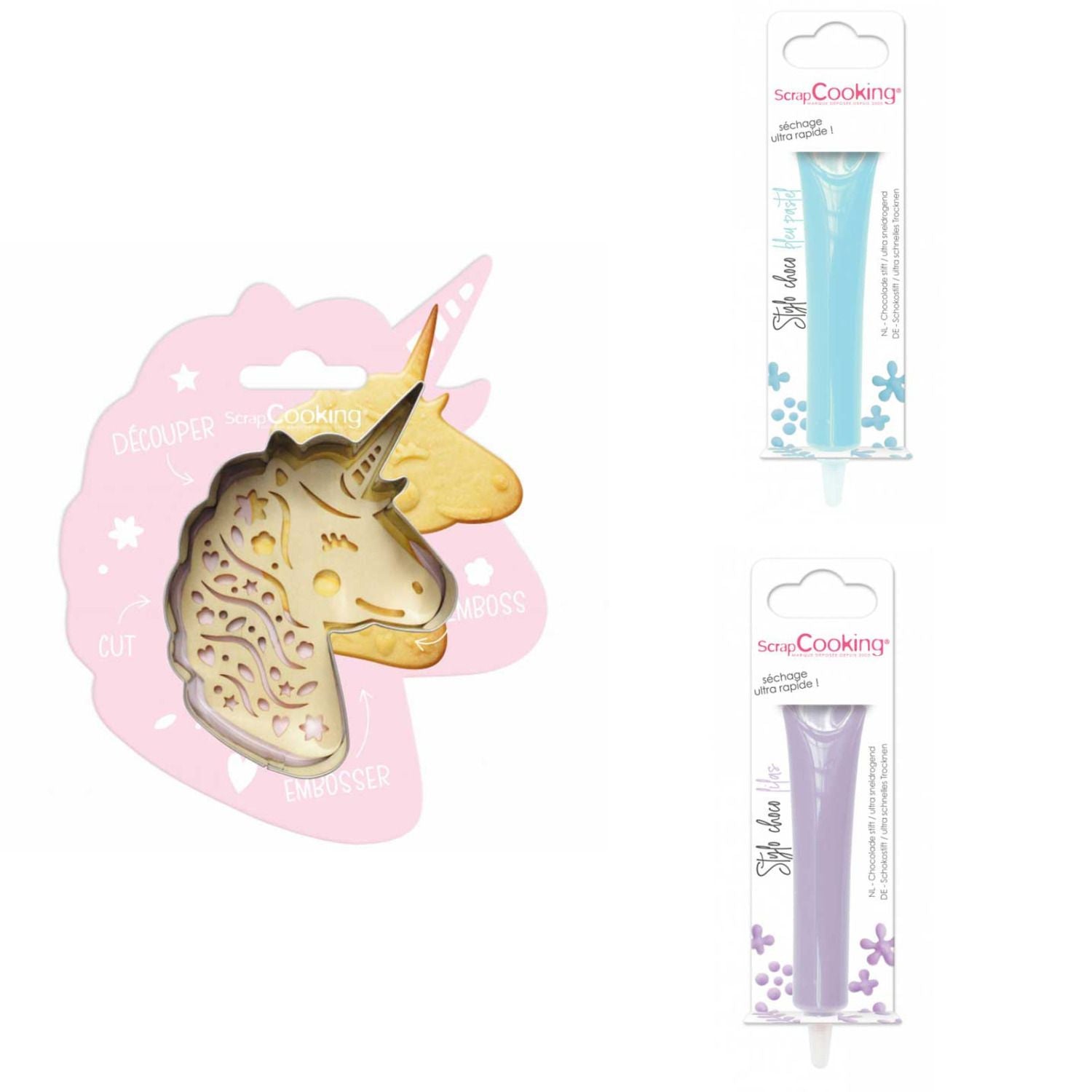 Kit pour biscuit en relief Licorne + 2 Stylos au chocolat bleu pastel et lilas Scrapcooking - Mathon