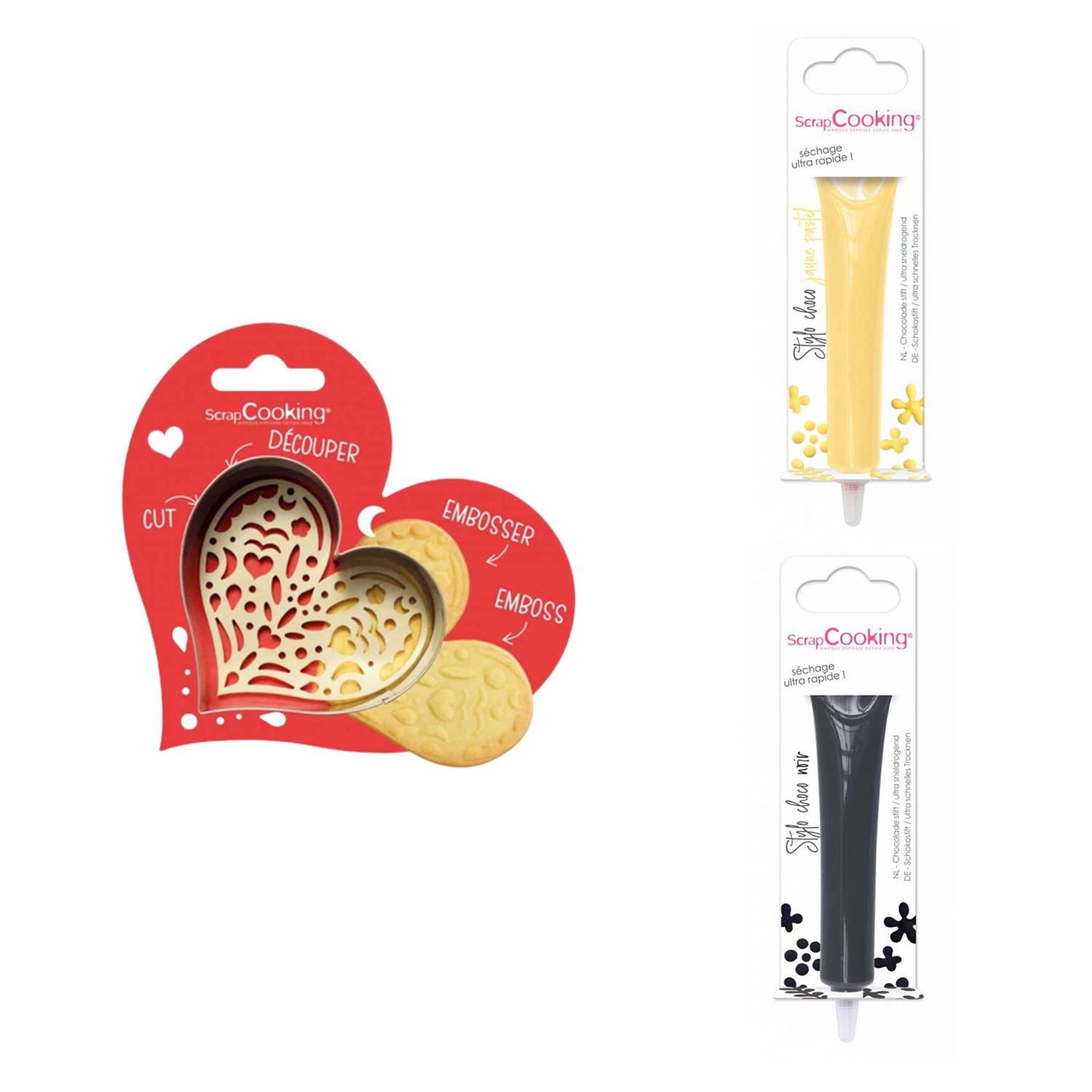 Kit pour biscuit en relief Coeur + 2 Stylos au chocolat jaune pastel et noir Scrapcooking - Mathon