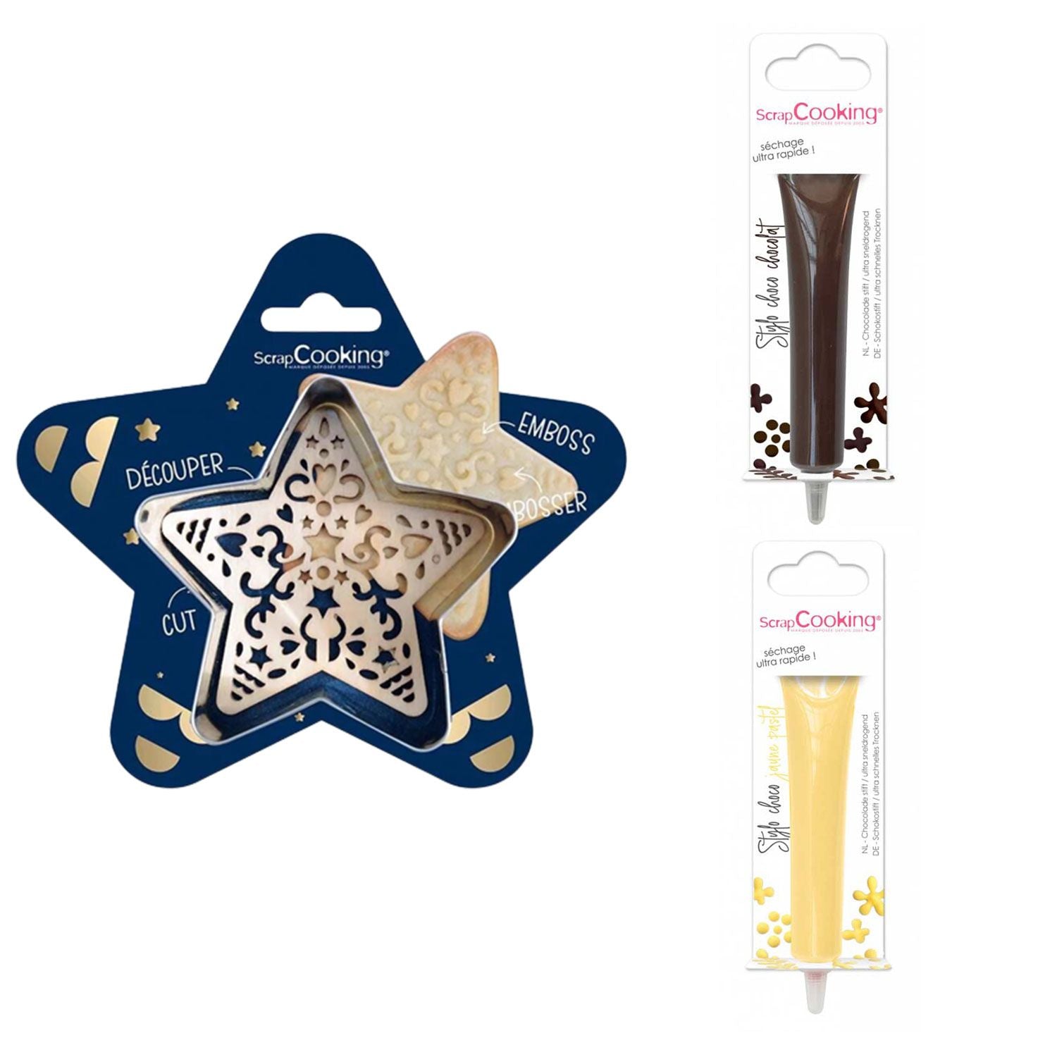Kit pour biscuit en relief Étoile + 2 Stylos au chocolat marron et jaune pastel Scrapcooking - Mathon