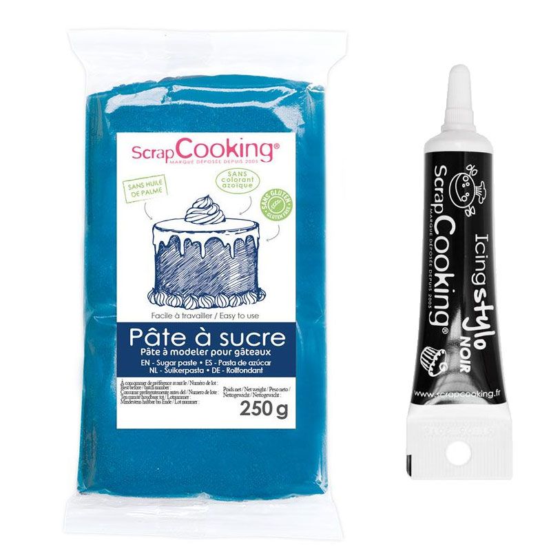 Pâte à sucre bleu foncé 250 g + Stylo de glaçage noir Scrapcooking - Mathon