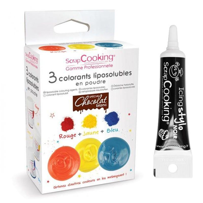 3 colorants liposolubles en poudre + Stylo de glaçage noir Scrapcooking - Mathon