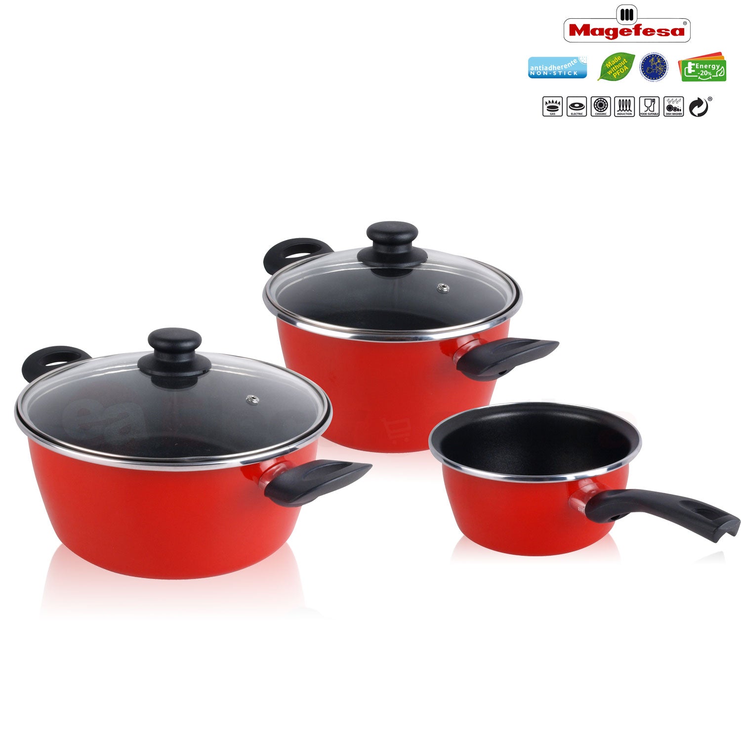 Batterie de cuisine 5 pièces Jeu de 3 poêles 18-20-24 cm induction antiadhésives  Rouge GRANA - Mathon - 3
