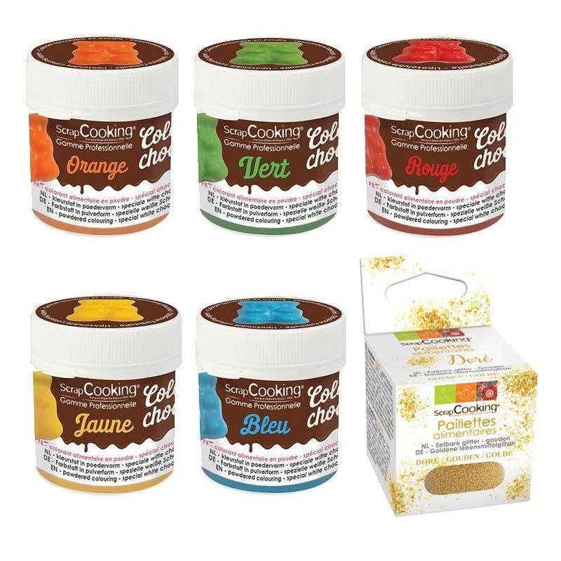 5 colorants liposolubles bleu-jaune-rouge-vert-orange + paillettes dorées Scrapcooking - Mathon
