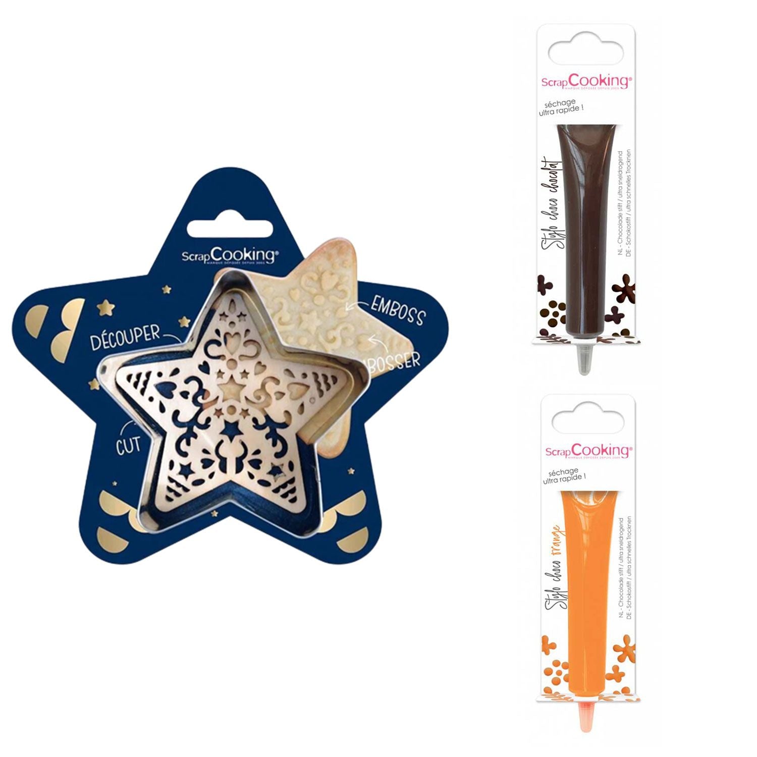 Kit pour biscuit en relief Étoile + 2 Stylos au chocolat marron et orange Scrapcooking - Mathon