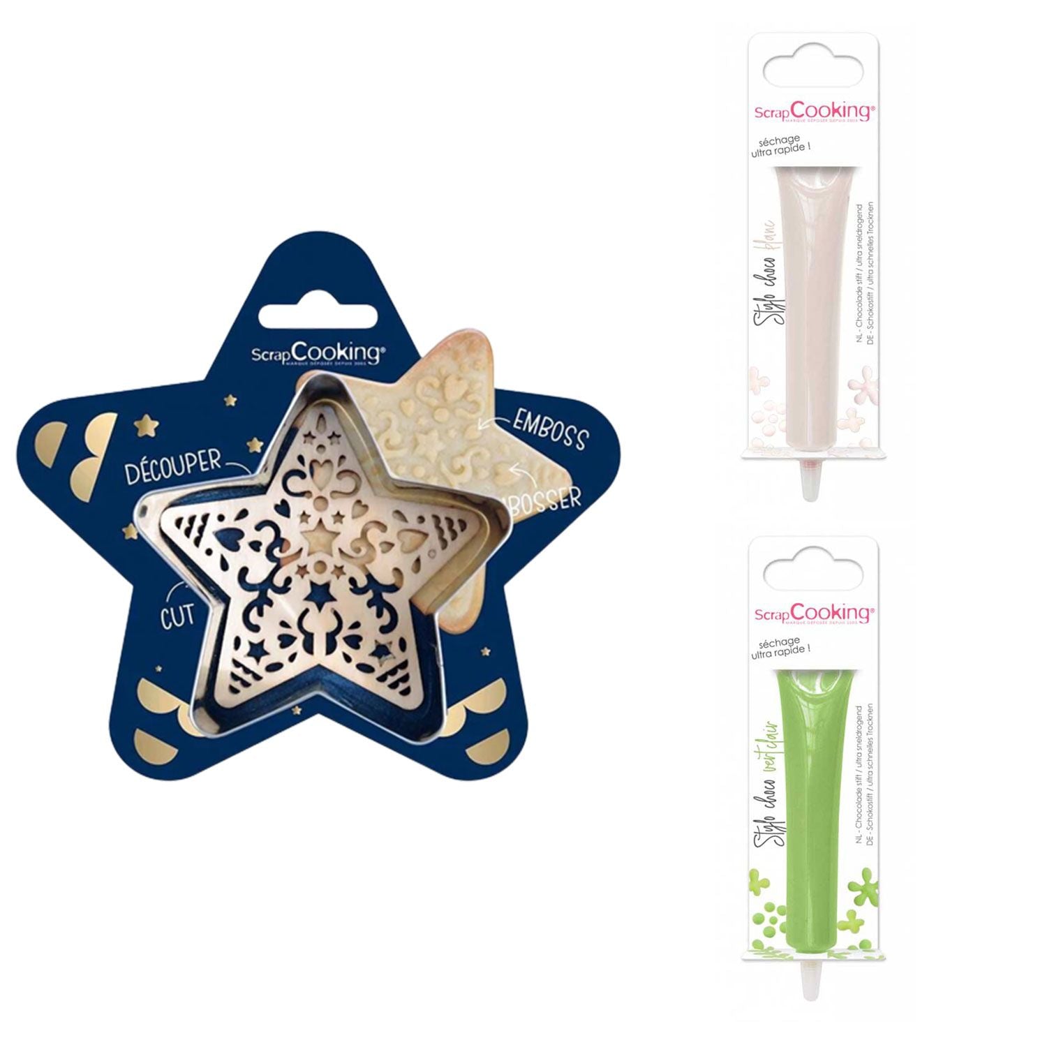 Kit pour biscuit en relief Étoile + 2 Stylos au chocolat blanc et vert clair Scrapcooking - Mathon