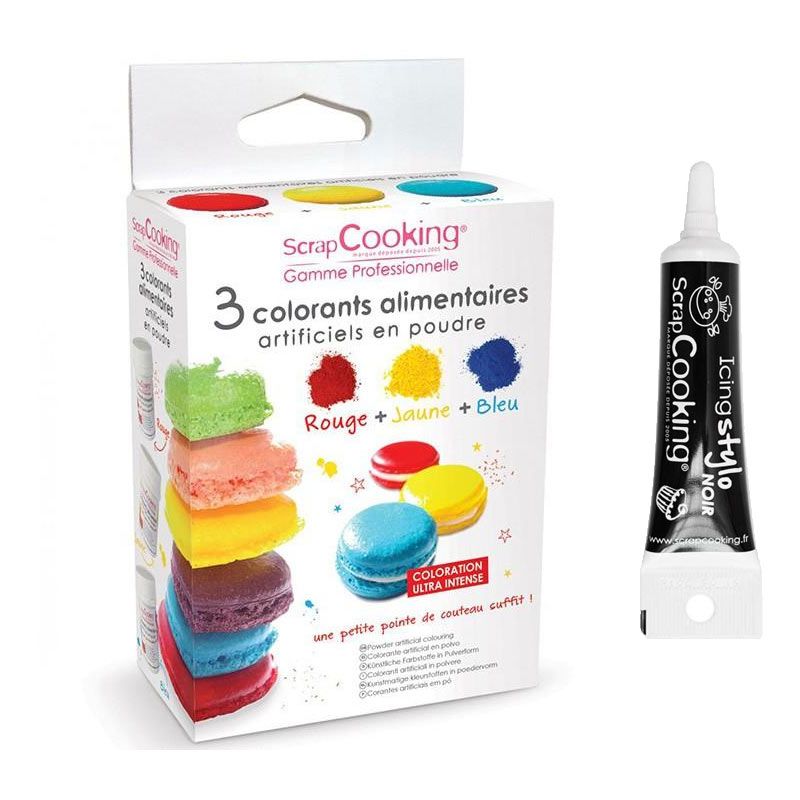 3 colorants alimentaires en poudre jaune-rouge-bleu + Stylo glaçage noir Scrapcooking - Mathon