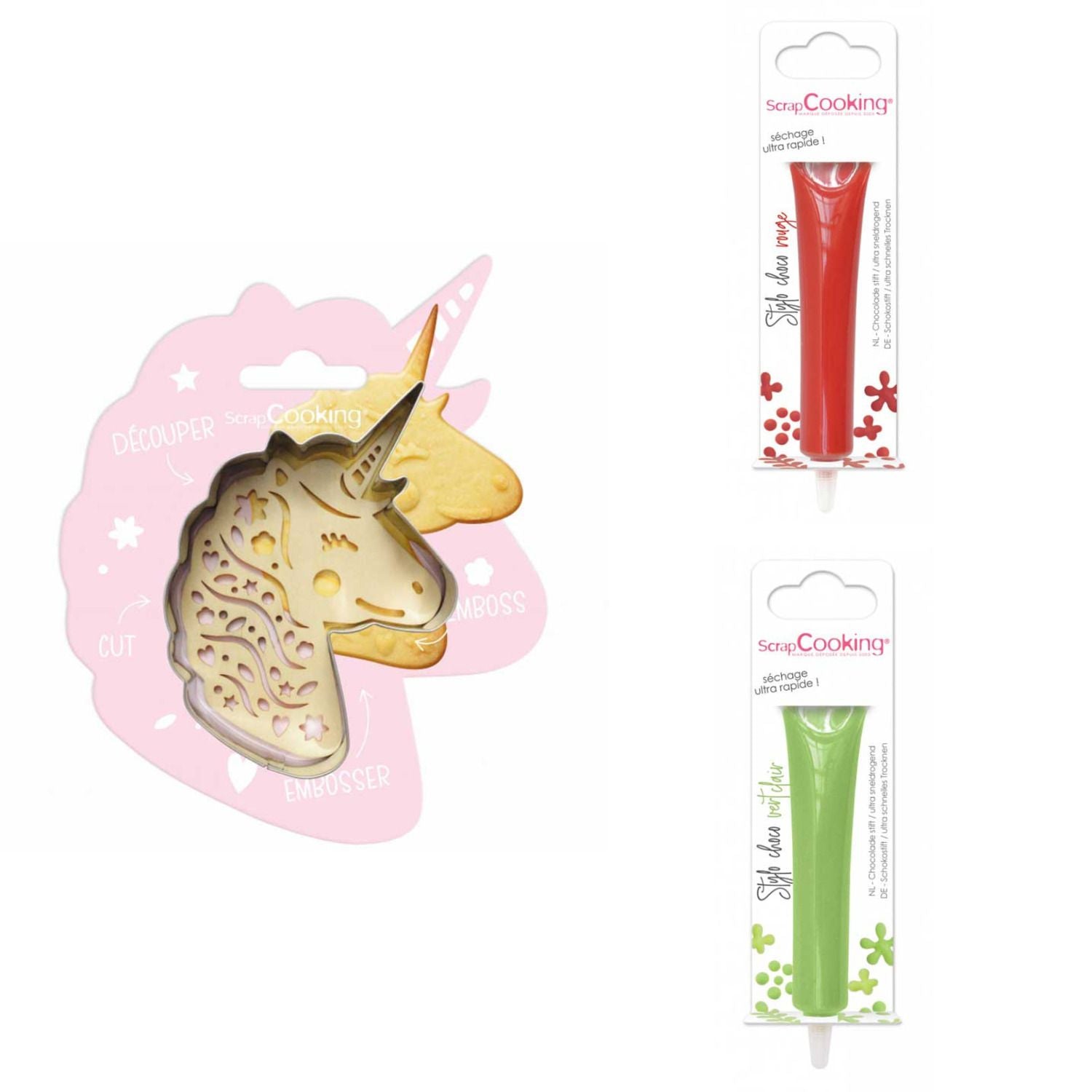 Kit pour biscuit en relief Licorne + 2 Stylos au chocolat rouge et vert clair Scrapcooking - Mathon
