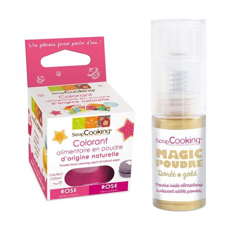 Colorant alimentaire Rose foncé + Poudre alimentaire irisée dorée Scrapcooking - Mathon