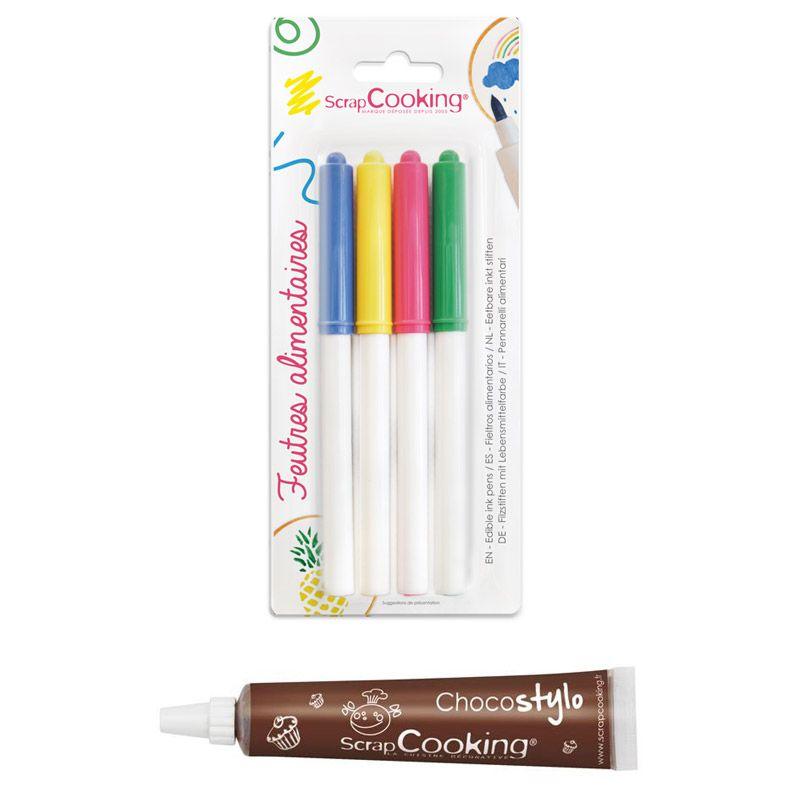 4 feutres alimentaires jaune, vert, rose, bleu + 1 Stylo chocolat Scrapcooking - Mathon