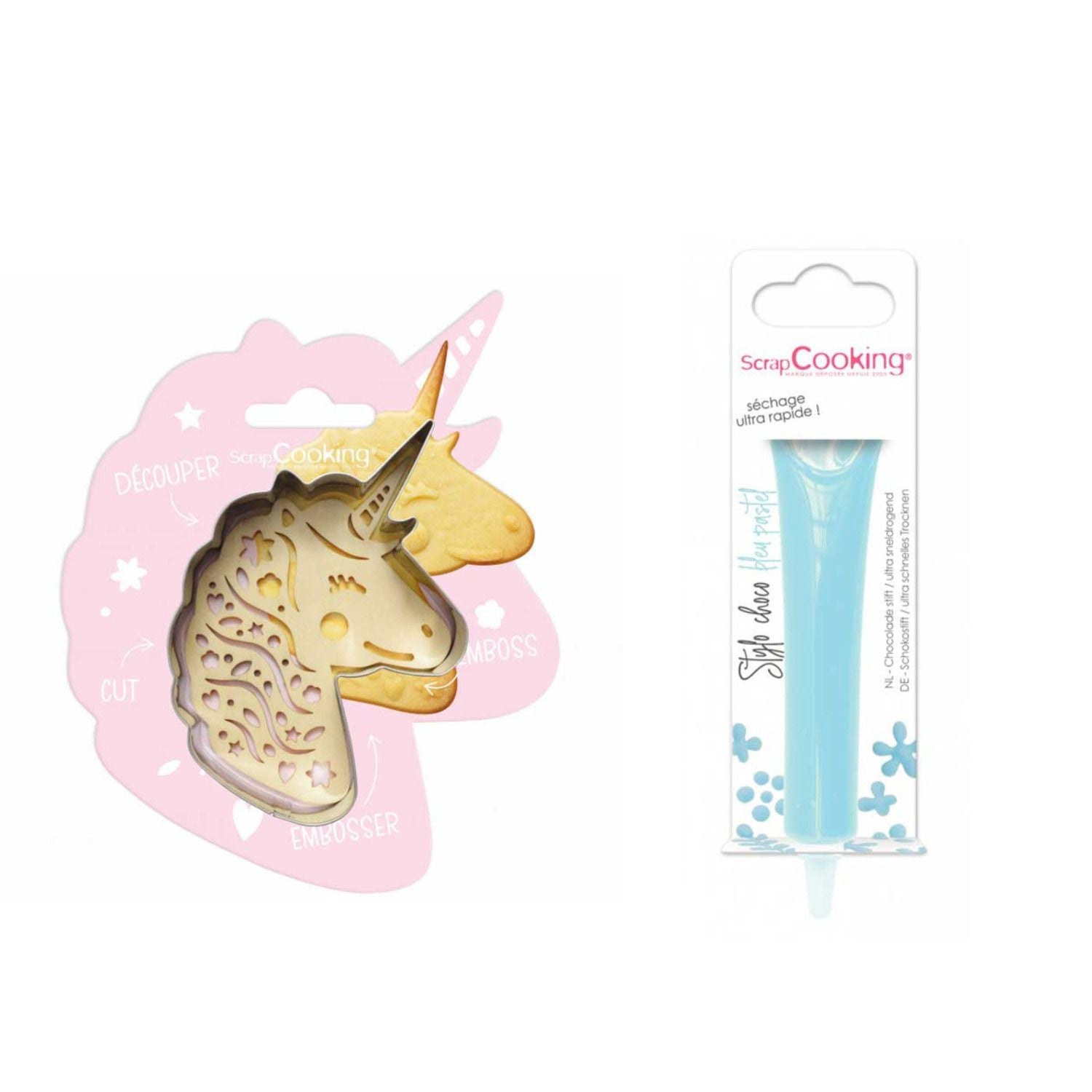 Kit pour biscuit en relief Licorne + Stylo au chocolat bleu pastel Scrapcooking - Mathon