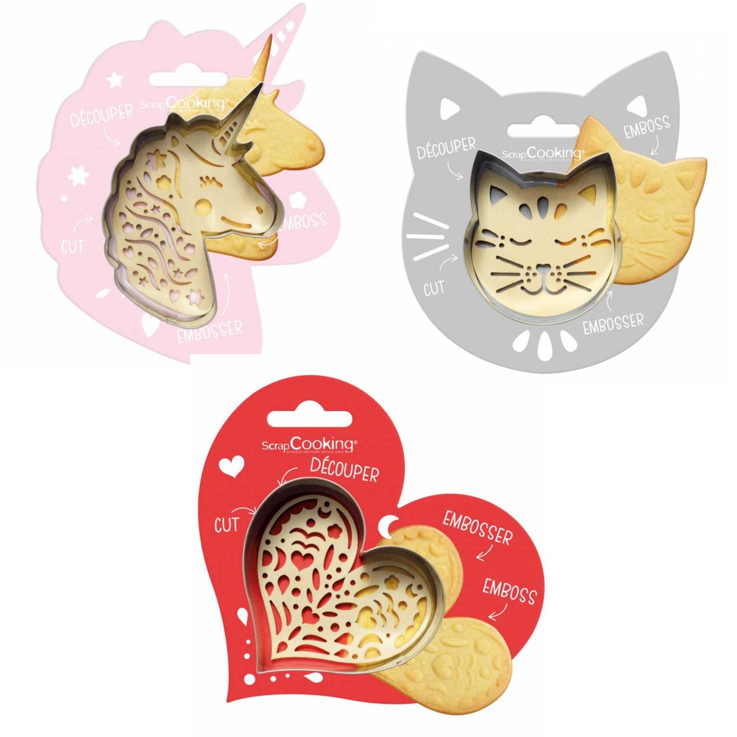 Kit pour biscuit en relief Chat + Licorne + Coeur Scrapcooking - Mathon