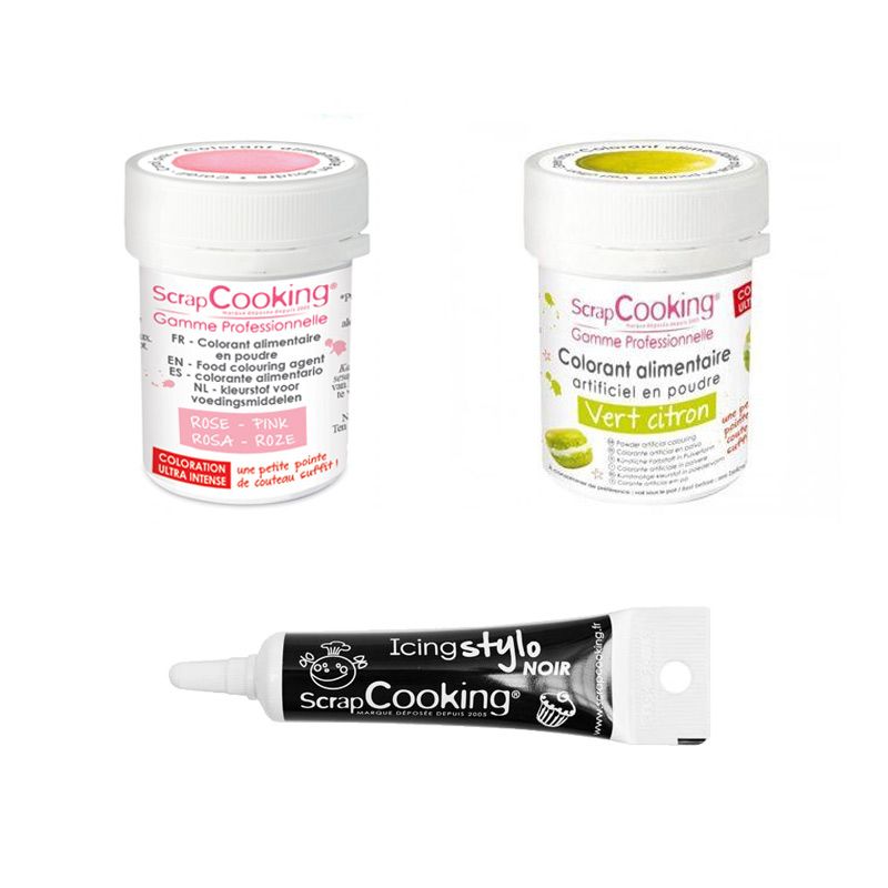 2 colorants alimentaires vert citron-rose poudré + Stylo glaçage noir Scrapcooking - Mathon