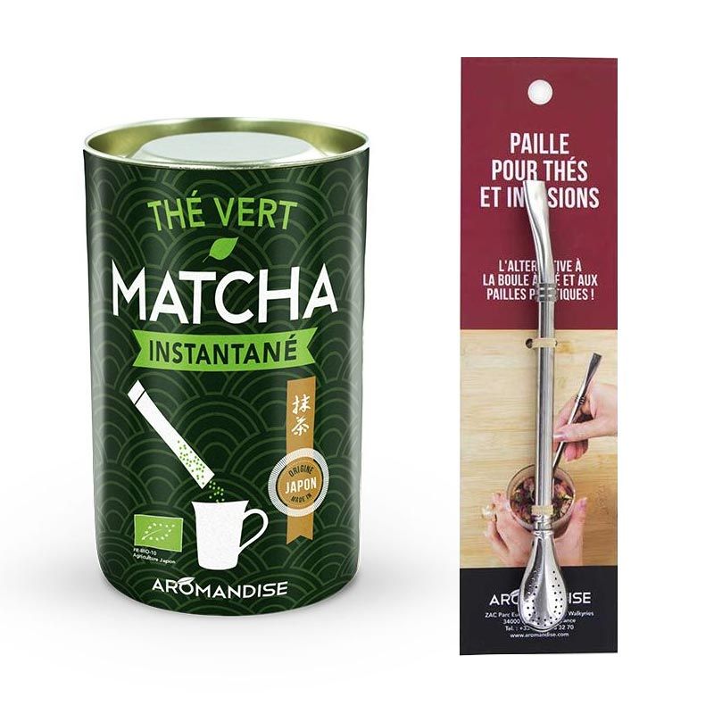 Thé vert Matcha instantané en sticks + paille inox avec filtre Aromandise - Mathon