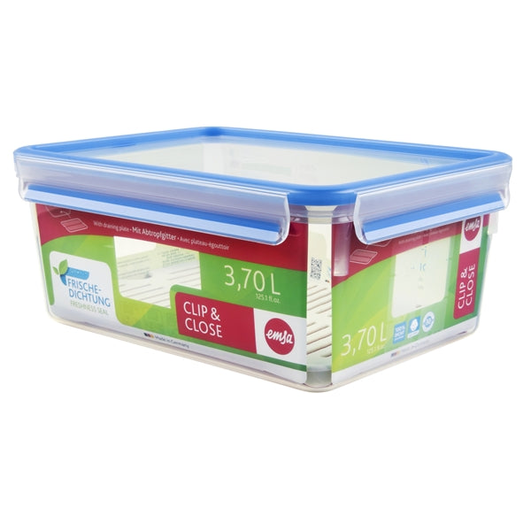 Boîte rectangle Clip & Close bleu avec égouttoir 3,7 L Emsa - Mathon