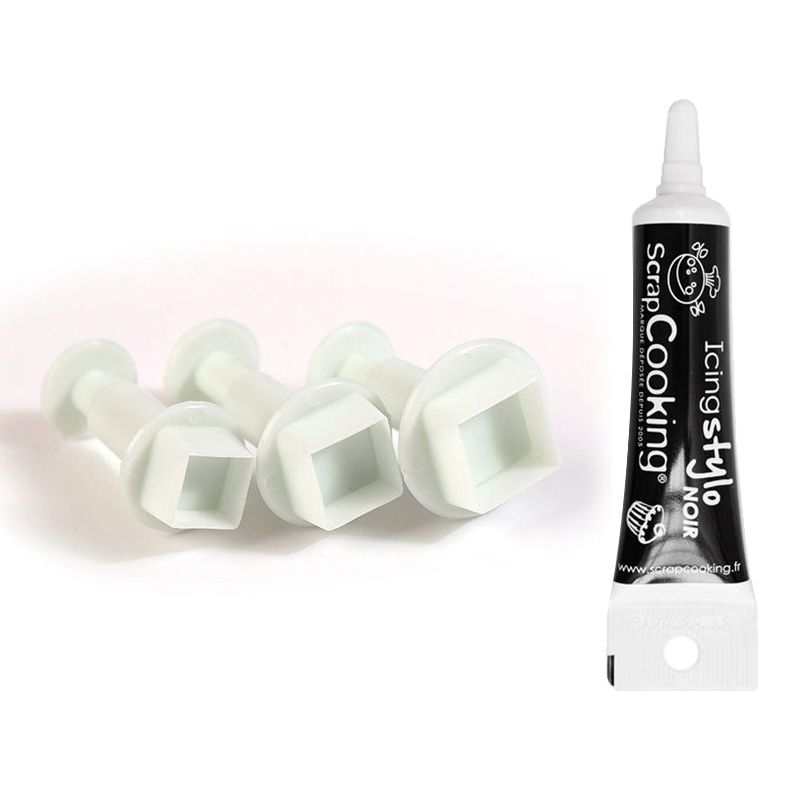 3 emporte-pièces à poussoir en plastique Carré + Stylo de glaçage noir Youdoit - Mathon