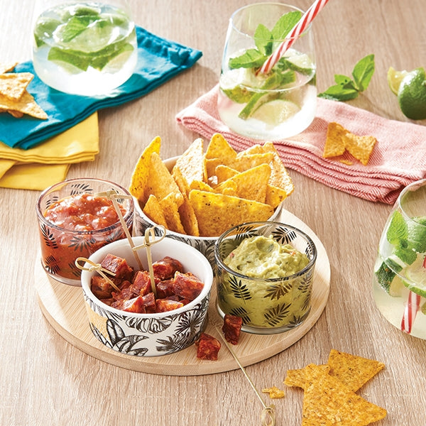 Service apéritif plateau bambou 21 cm 4 coupelles porcelaine et verre motifs fougères Mathon - Mathon - 1