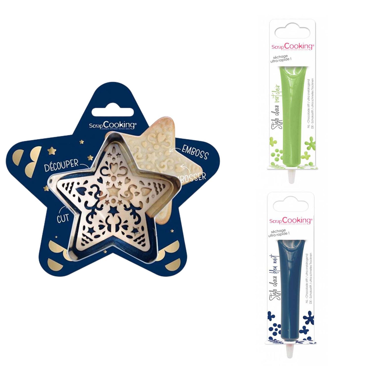 Kit pour biscuit en relief Étoile + 2 Stylos au chocolat vert clair et bleu nuit Scrapcooking - Mathon
