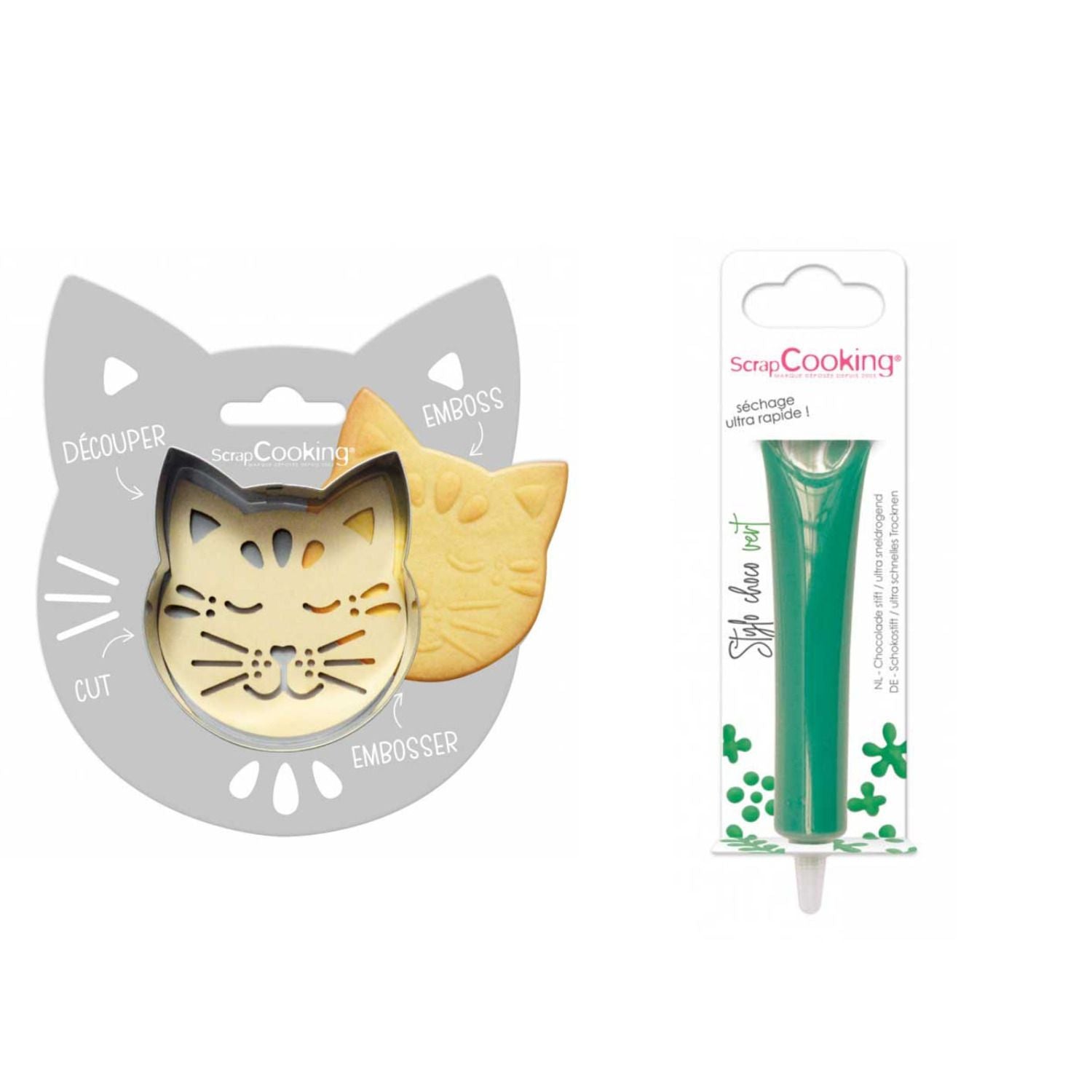 Kit pour biscuit en relief Chat + Stylo au chocolat vert Scrapcooking - Mathon