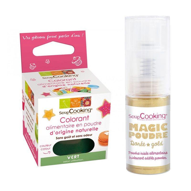 Colorant alimentaire Vert + Poudre alimentaire irisée dorée Scrapcooking - Mathon