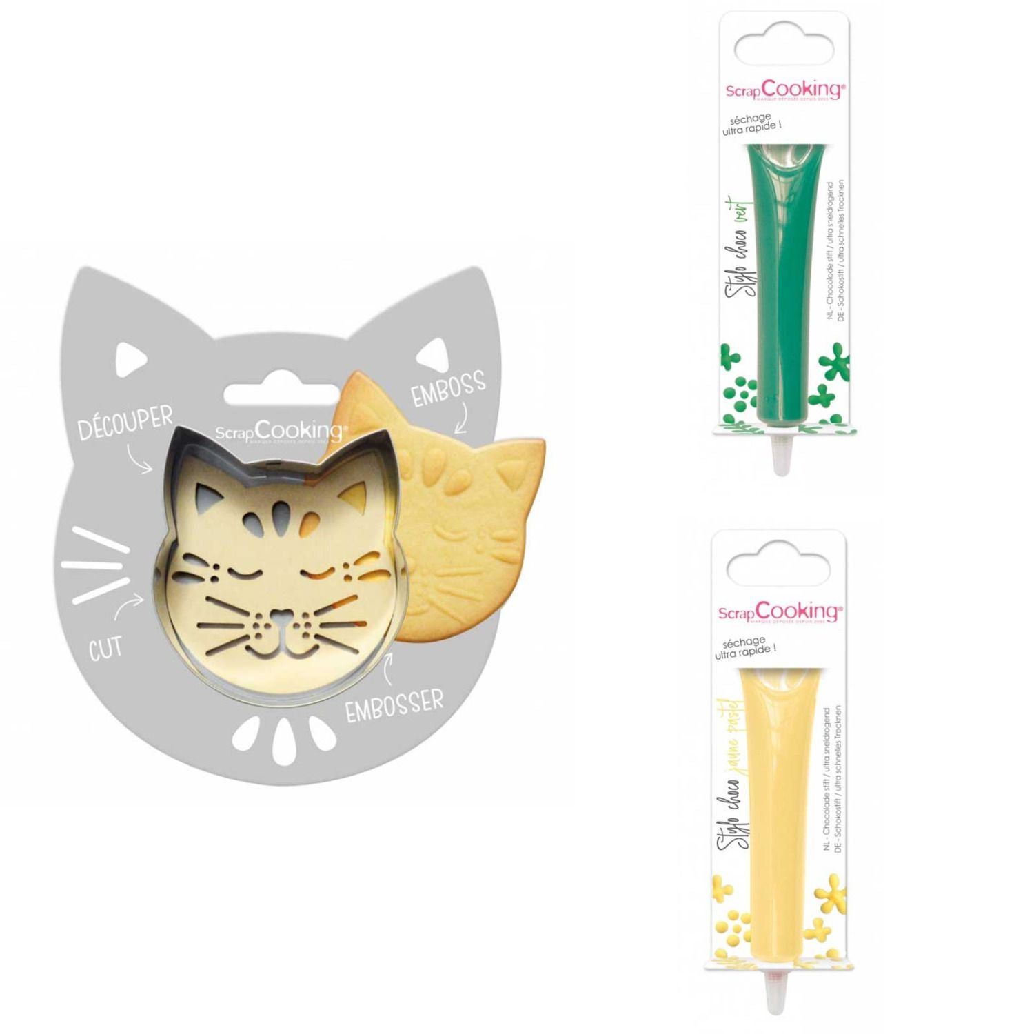 Kit pour biscuit en relief Chat + 2 Stylos au chocolat vert et jaune pastel Scrapcooking - Mathon