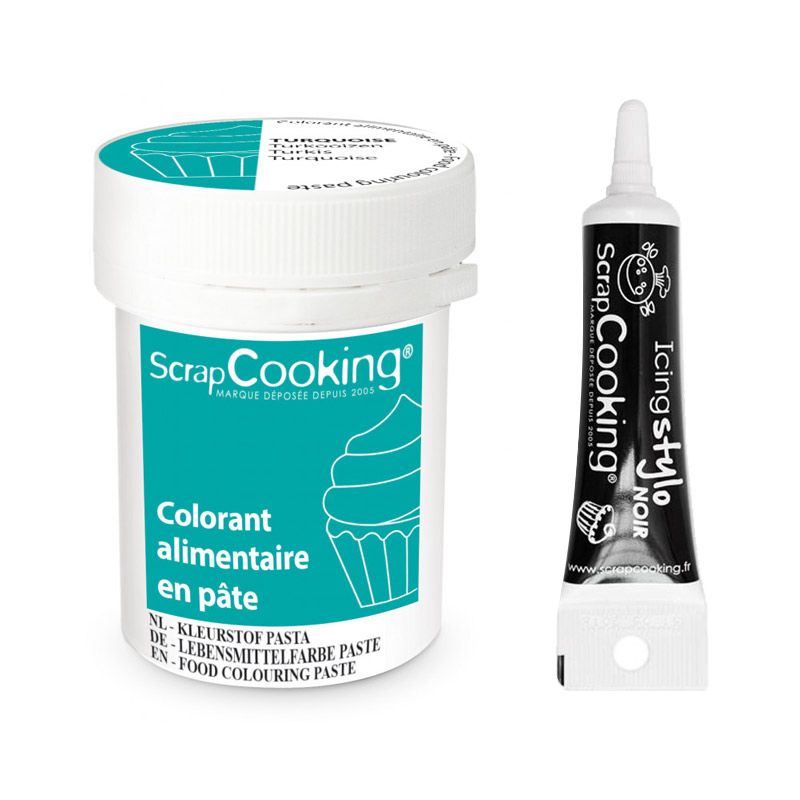 Colorant alimentaire en pâte 20 g Turquoise + Stylo de glaçage noir Scrapcooking - Mathon
