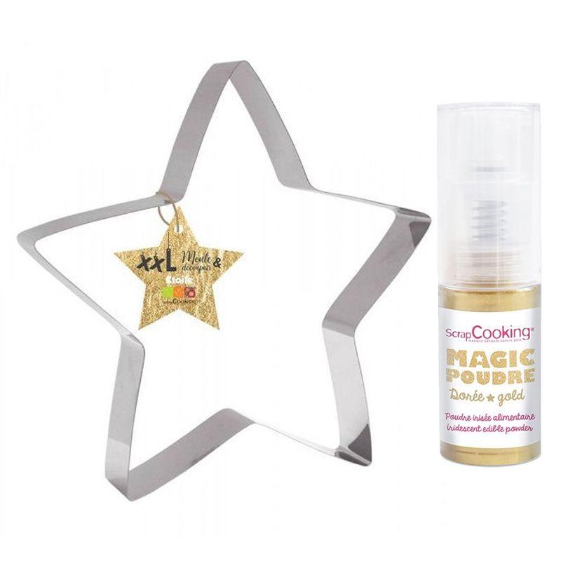 Découpoir à pâtisserie inox XXL Etoile + 1 poudre alimentaire irisée dorée Scrapcooking - Mathon