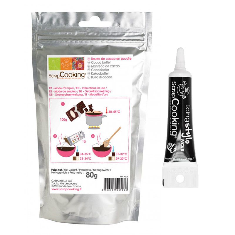 Beurre de cacao en poudre 80 g + Stylo de glaçage noir Scrapcooking - Mathon