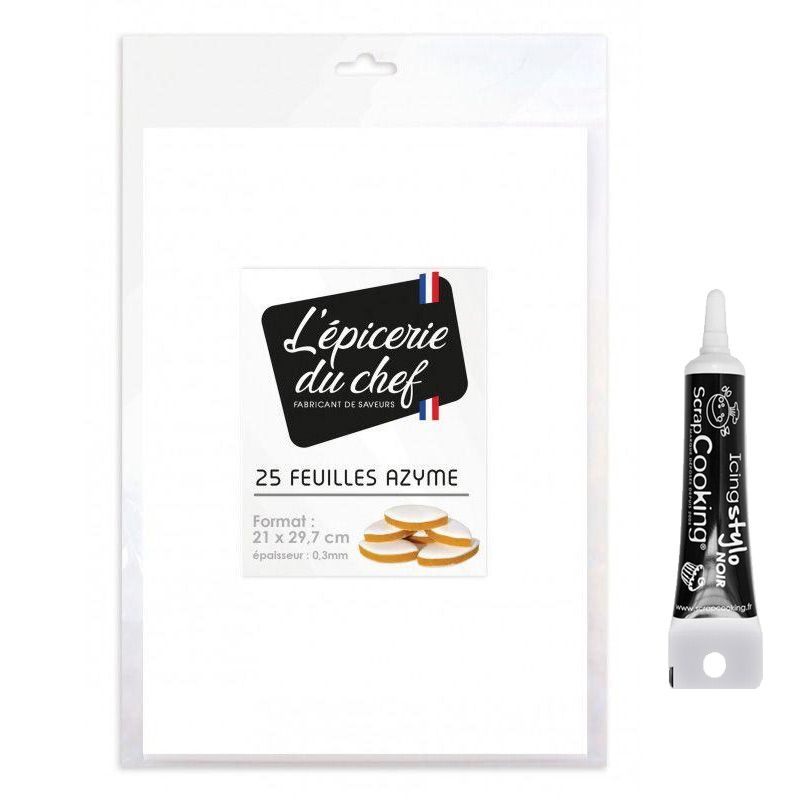 25 feuilles azyme blanches + Stylo glaçage noir Scrapcooking - Mathon