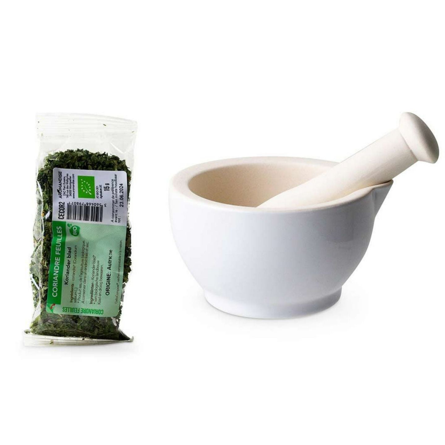 Mortier et pilon en grès blanc + Feuilles de Coriandre bio - 15 g Aromandise - Mathon