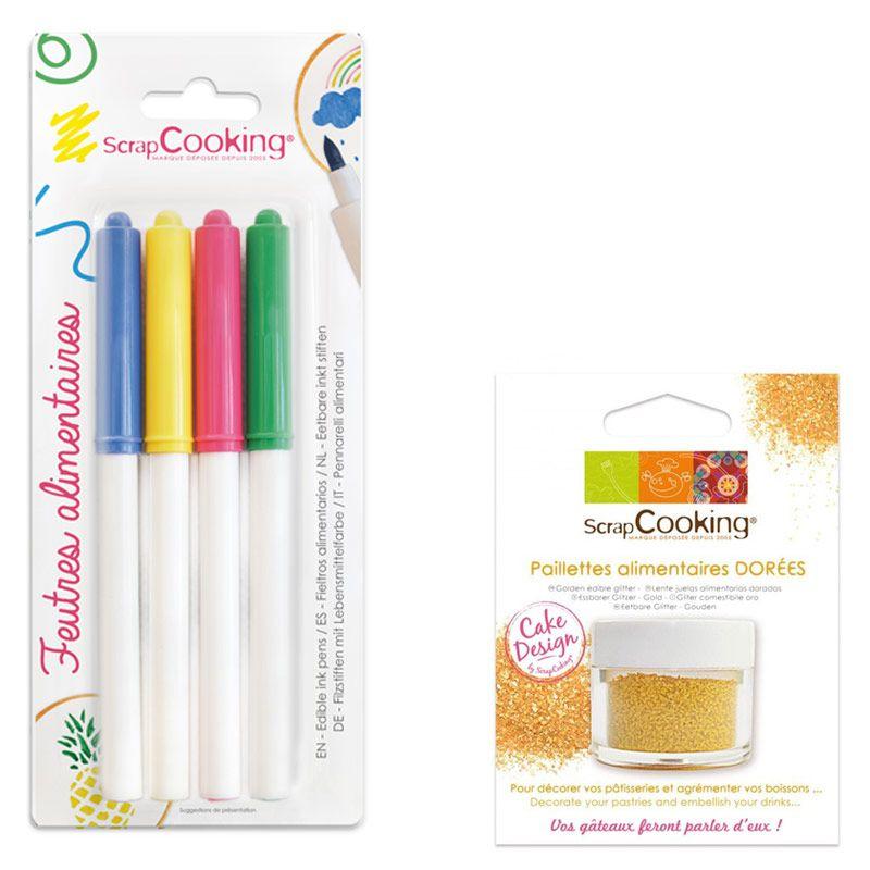 4 feutres alimentaires jaune, vert, rose, bleu + paillettes dorées Scrapcooking - Mathon