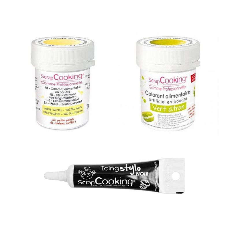 2 colorants alimentaires vert citron-jaune pastel + Stylo glaçage noir Scrapcooking - Mathon