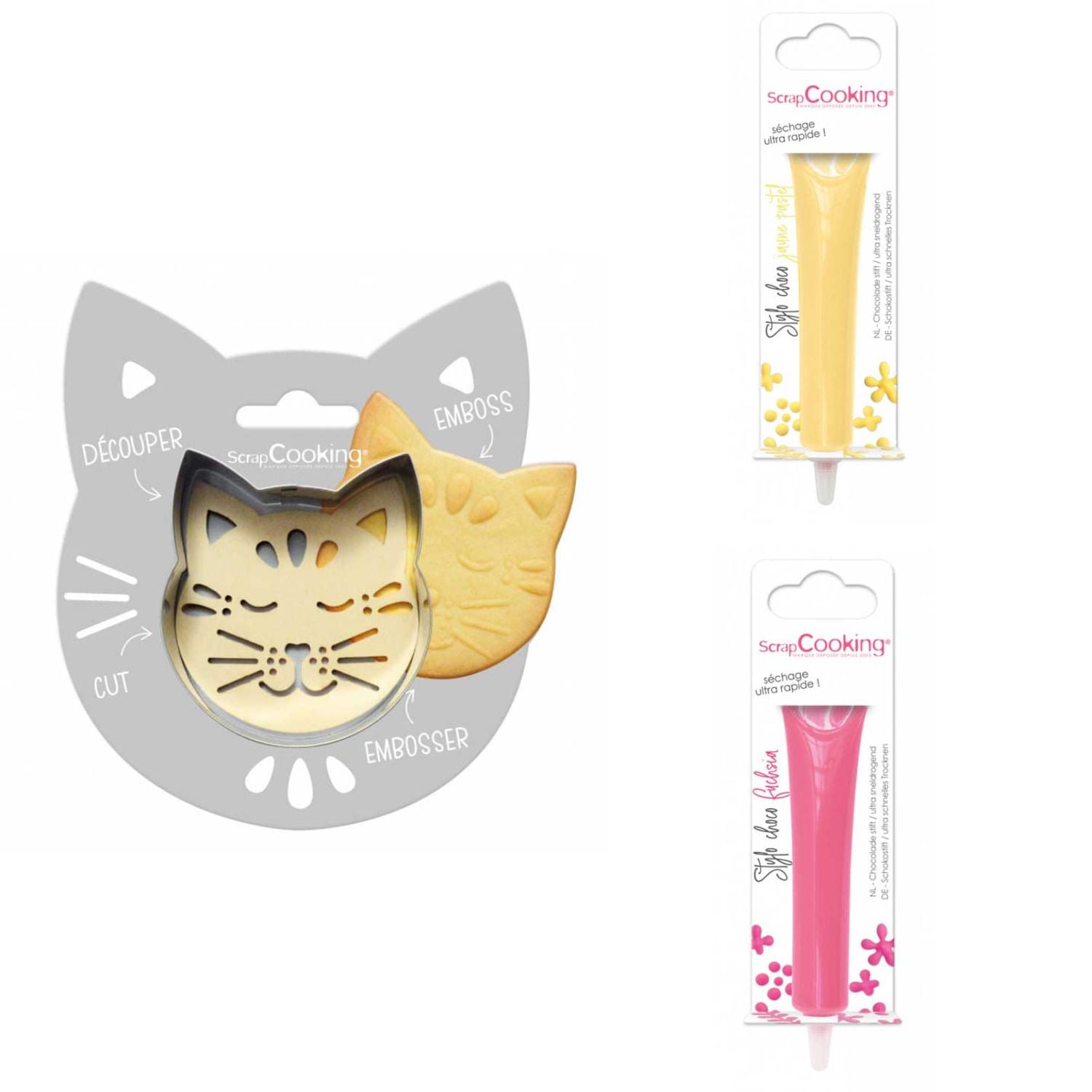 Kit pour biscuit en relief Chat + 2 Stylos au chocolat jaune pastel et fuchsia Scrapcooking - Mathon