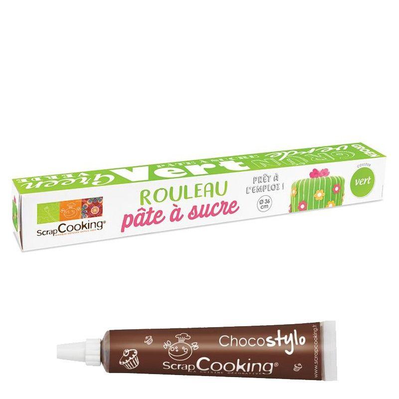 Pâte à sucre en rouleau prête à dérouler Ø 36 cm vert + 1 Stylo chocolat Scrapcooking - Mathon