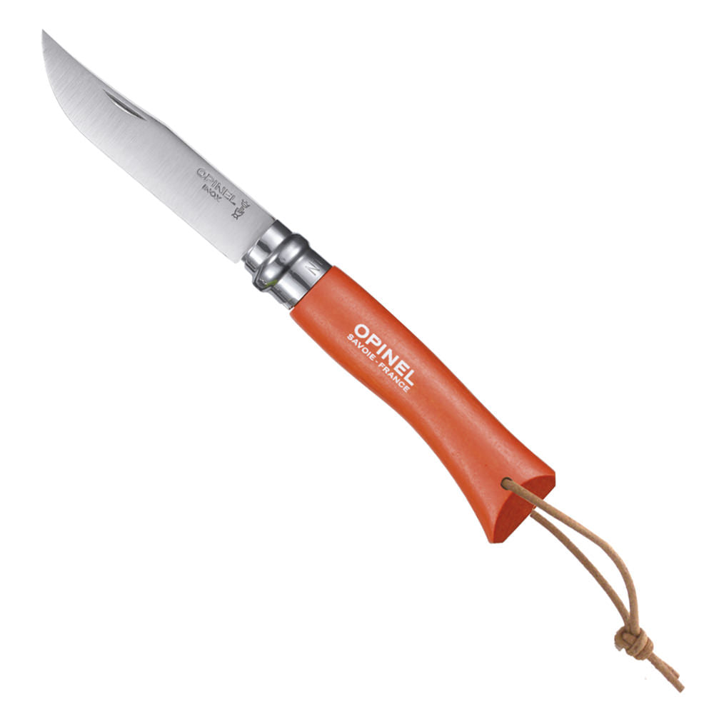 Couteau Baroudeur n°7 - lame 8 cm orange avec lien en cuir Opinel - Mathon