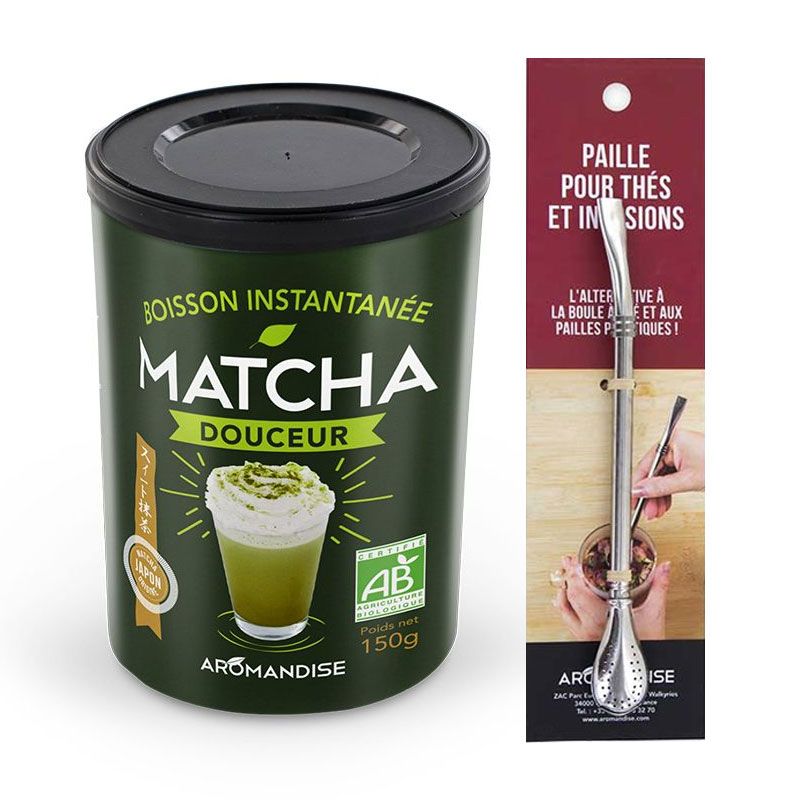 Préparation Douceur de Matcha bio + paille inox avec filtre Aromandise - Mathon