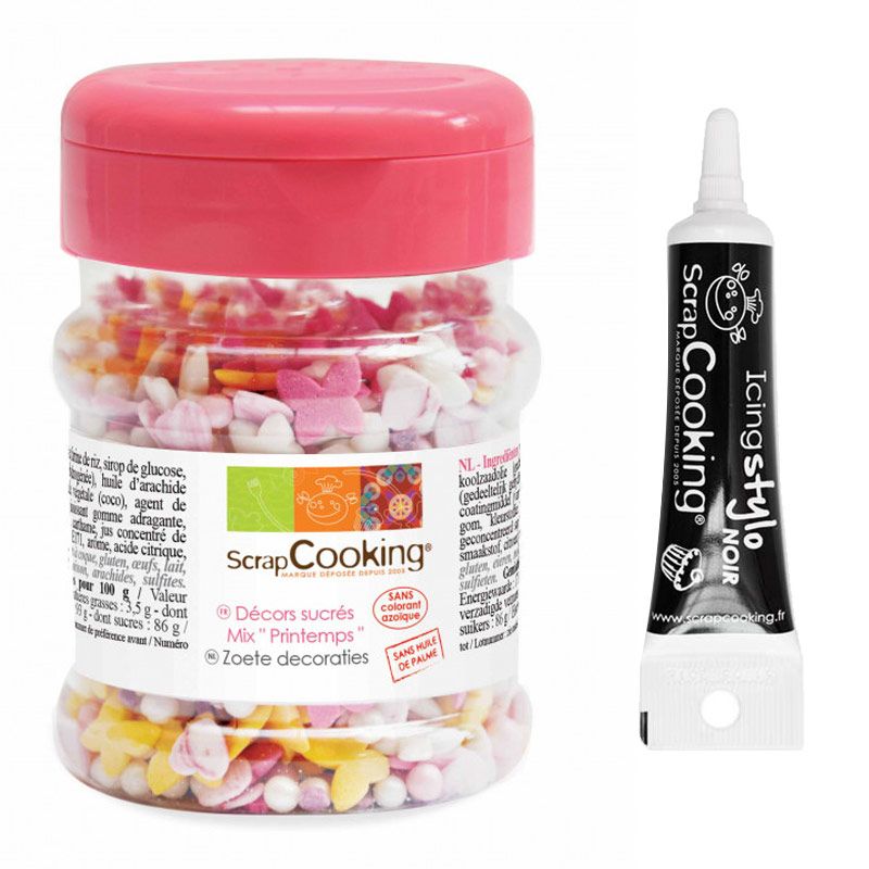 Décors sucrés Printemps 50 g + Stylo de glaçage noir Scrapcooking - Mathon