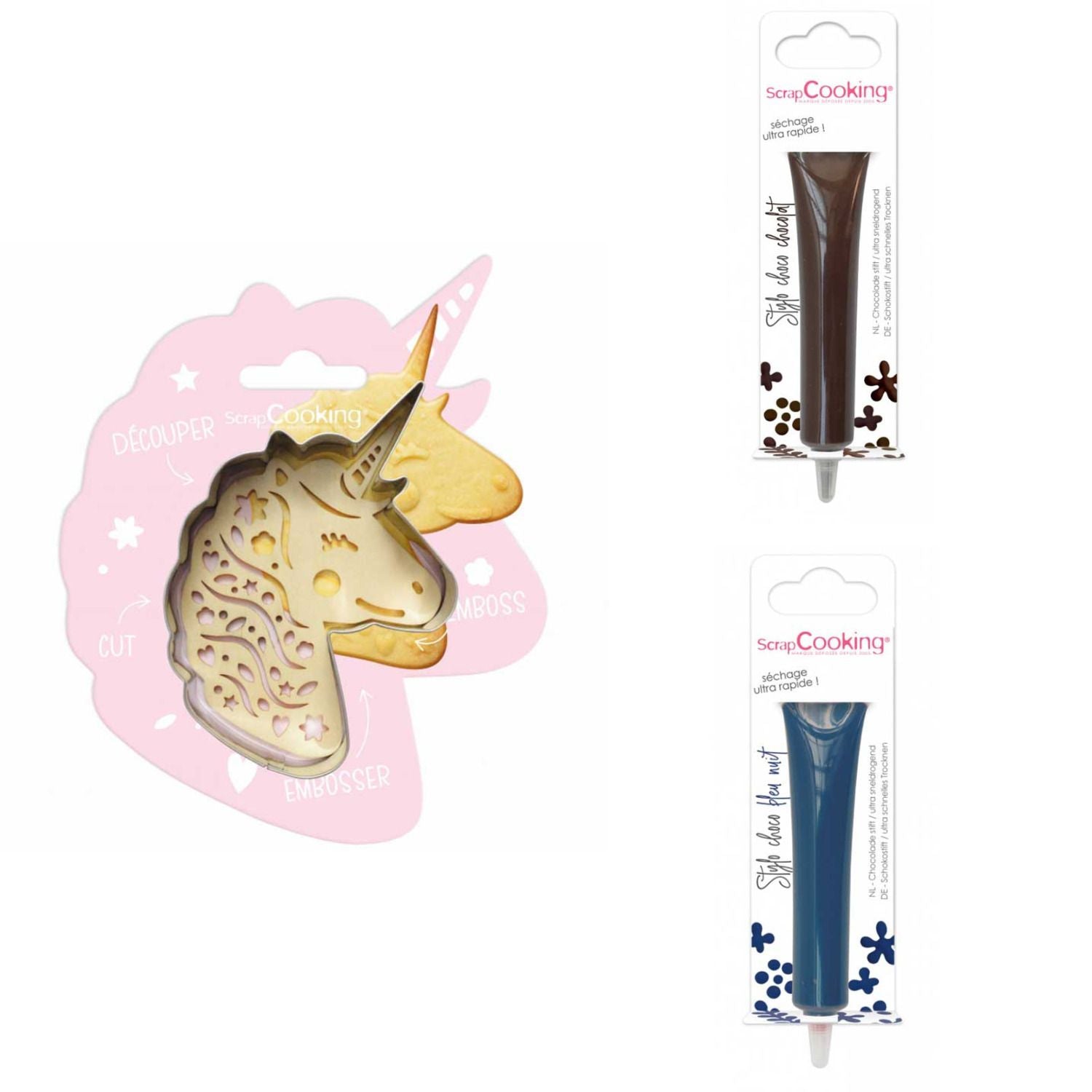 Kit pour biscuit en relief Licorne + 2 Stylos au chocolat marron et bleu nuit Scrapcooking - Mathon